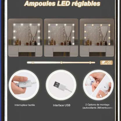 Coiffeuse blanche avec miroir led - 7 tiroirs