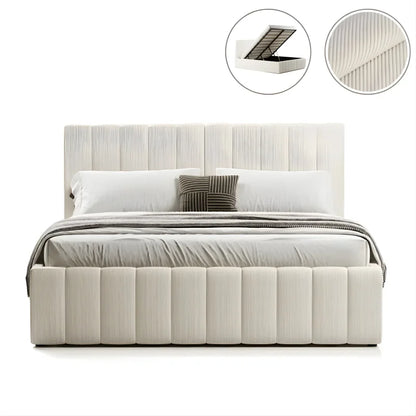 Lit Coffre Tissu Velours Côtelé - Tissu Bouclettes Beige